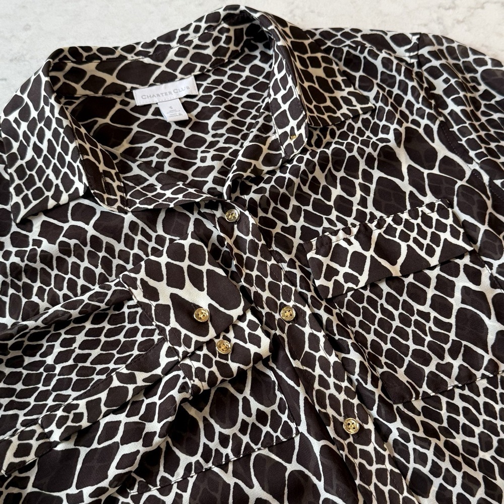 CHARTER CLUB Sheer Blouse Brown Cream Snake Skin Print Roll Tab Sleeve Small